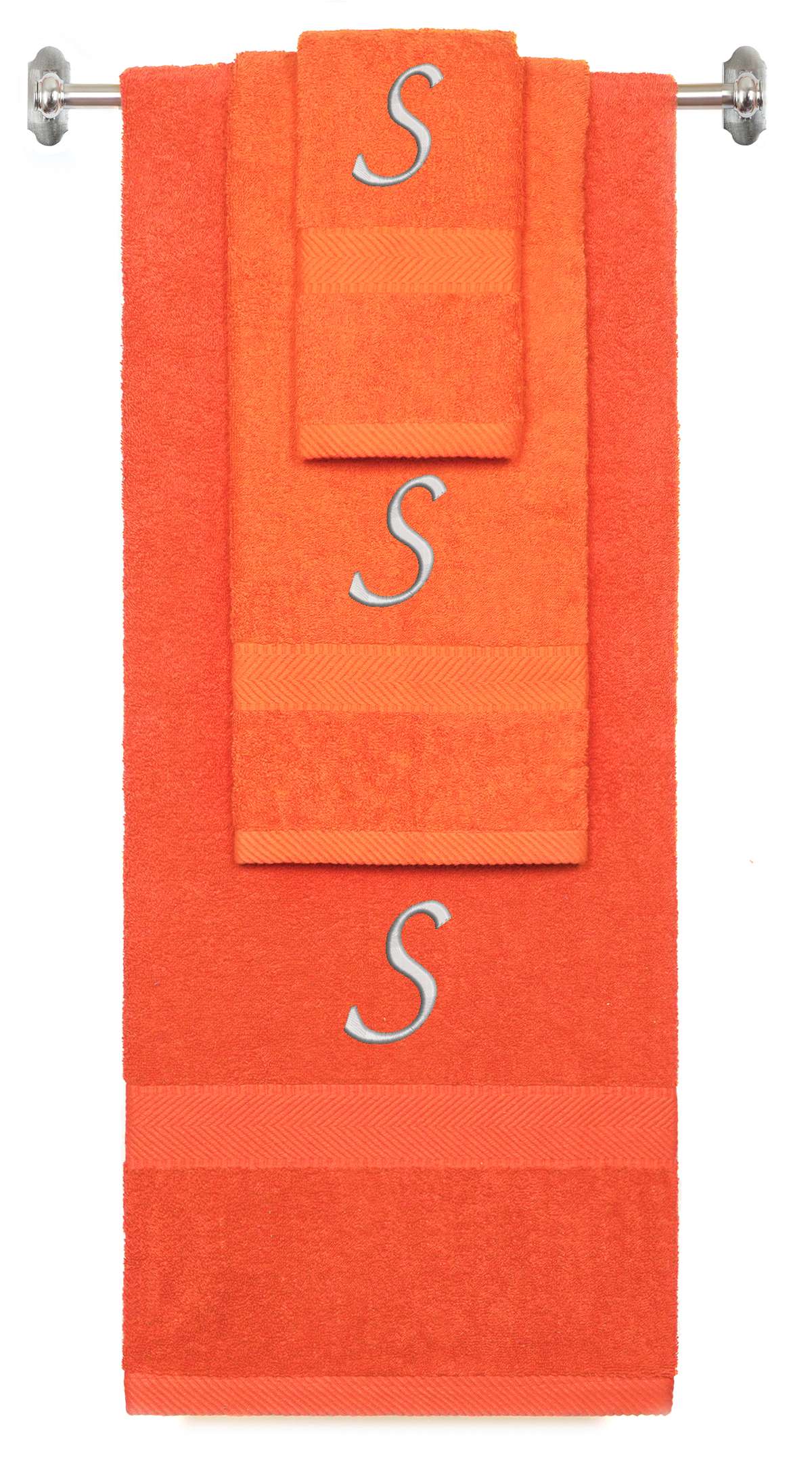 Orange monogrammed towel set with Silver thread, Chancery font, initial S - 540 GSM cotton 3-piece