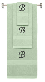 Mint Green monogrammed towel set with Black thread, Chancery font, initial B - 540 GSM cotton 3-piece
