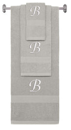 Silver monogrammed towel set with White thread, Chancery font, initial B - 540 GSM cotton 3-piece