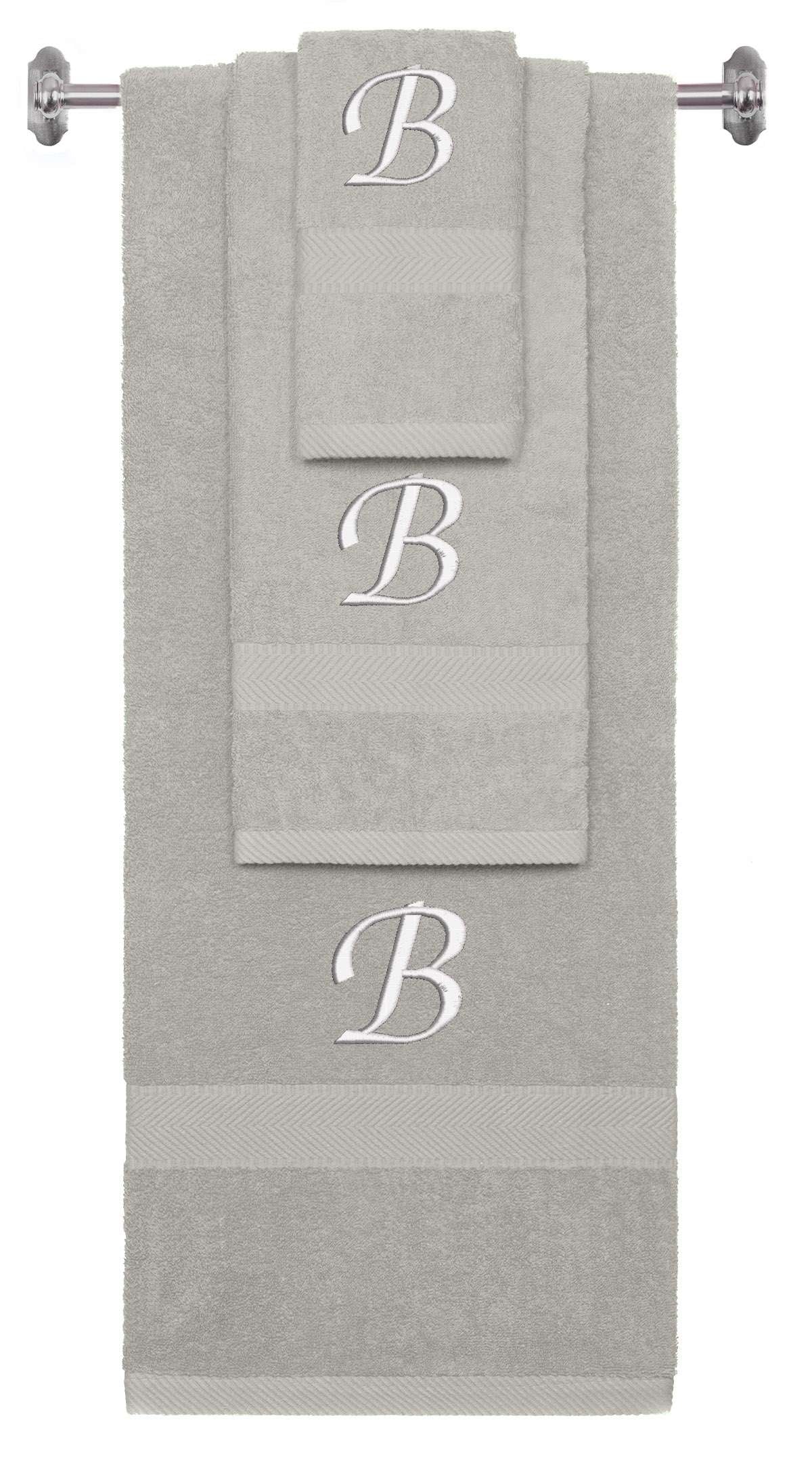 Silver monogrammed towel set with White thread, Chancery font, initial B - 540 GSM cotton 3-piece