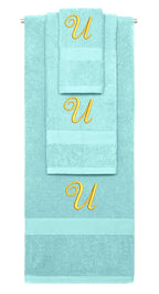 Nautical Teal monogrammed towel set with Gold thread, Diana Script font, initial U - 540 GSM cotton 3-piece