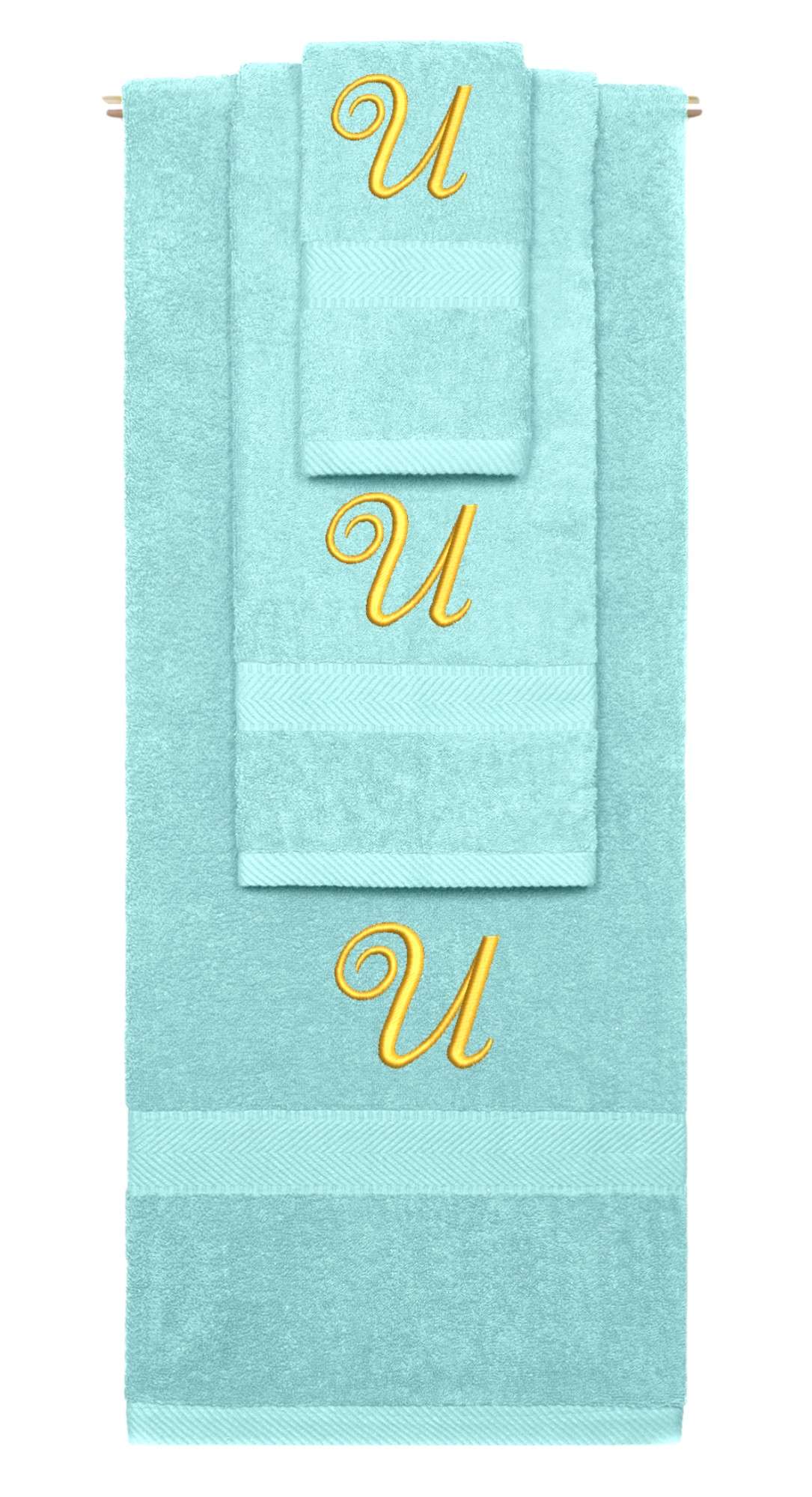 Nautical Teal monogrammed towel set with Gold thread, Diana Script font, initial U - 540 GSM cotton 3-piece