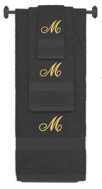 Charcoal monogrammed towel set with Gold thread, Diana Script font, initial M - 540 GSM cotton 3-piece