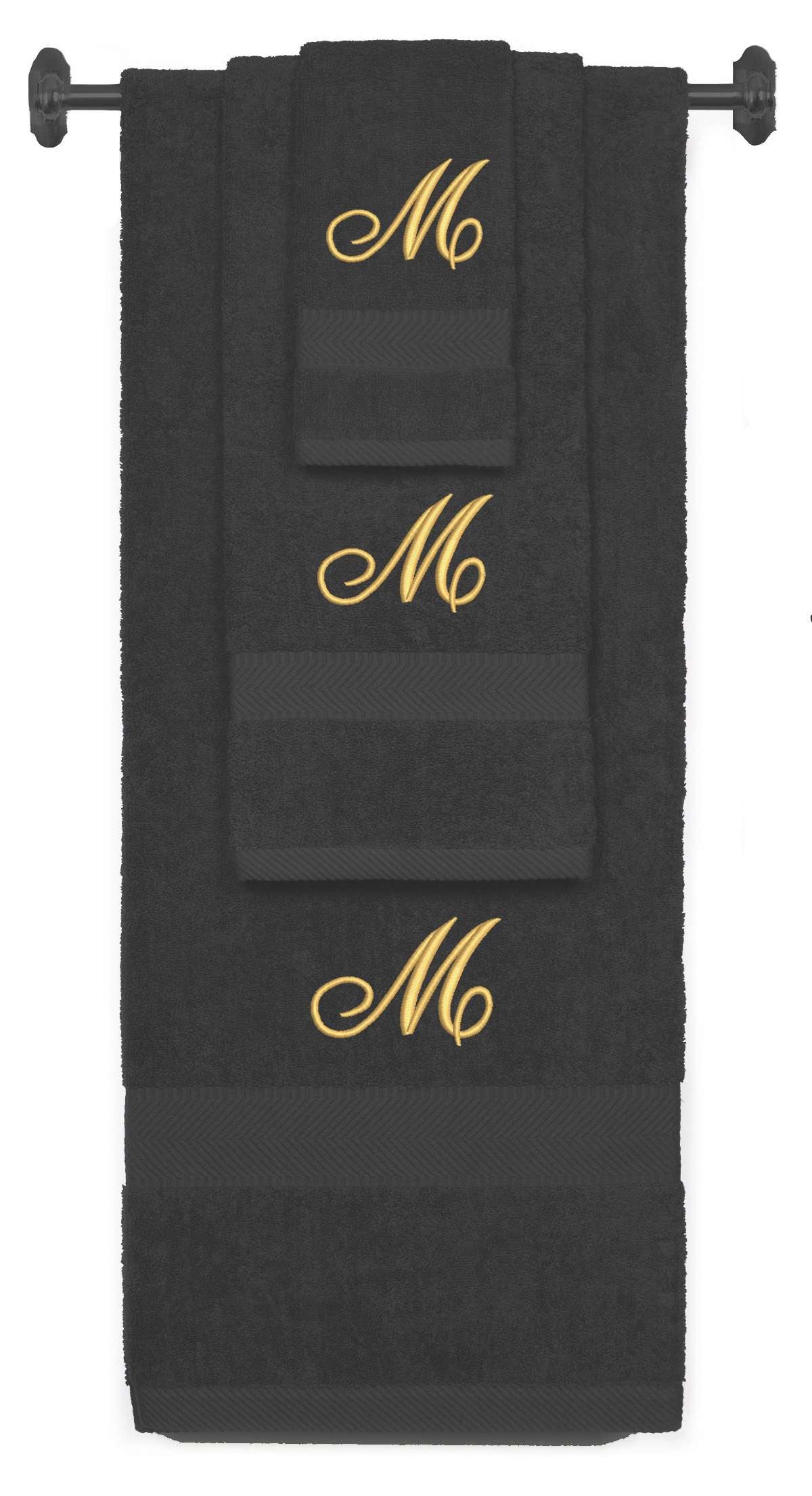 Charcoal monogrammed towel set with Gold thread, Diana Script font, initial M - 540 GSM cotton 3-piece