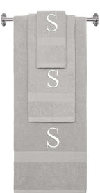 Silver monogrammed towel set with White thread, Times New Roman font, initial S - 540 GSM cotton 3-piece