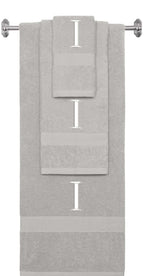 Silver monogrammed towel set with White thread, Times New Roman font, initial I - 540 GSM cotton 3-piece