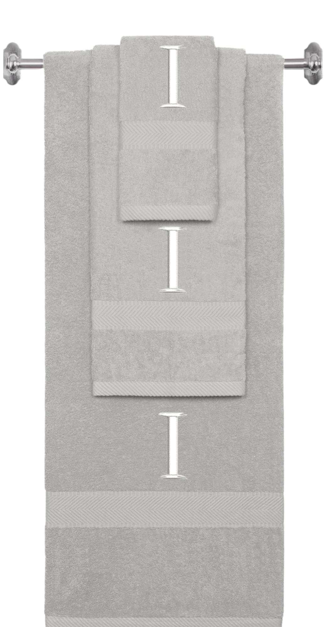 Silver monogrammed towel set with White thread, Times New Roman font, initial I - 540 GSM cotton 3-piece