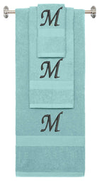 Nautical Teal monogrammed towel set with Black thread, Chancery font, initial M - 540 GSM cotton 3-piece
