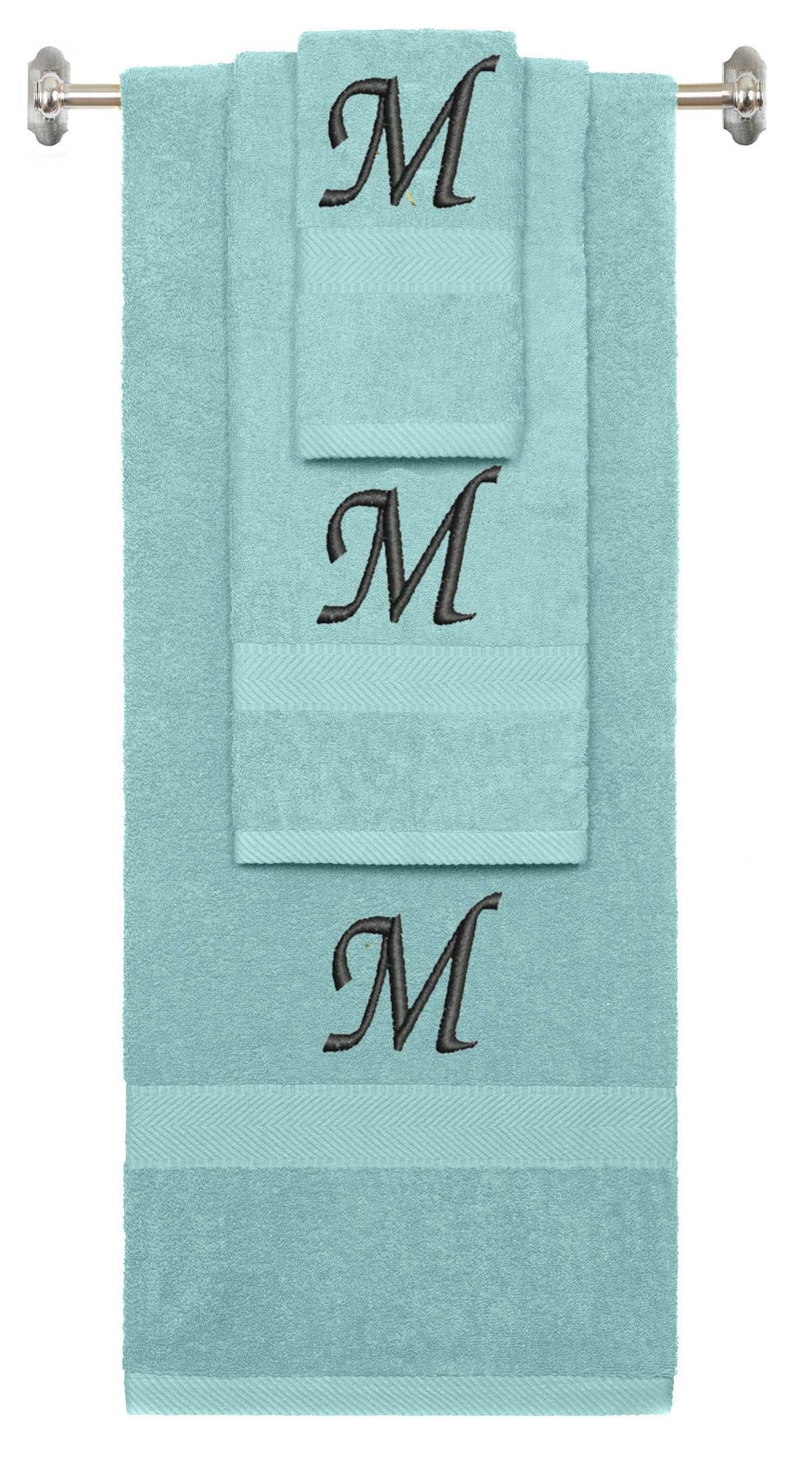 Nautical Teal monogrammed towel set with Black thread, Chancery font, initial M - 540 GSM cotton 3-piece