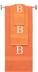 Orange monogrammed towel set with White thread, Times New Roman font, initial B - 540 GSM cotton 3-piece