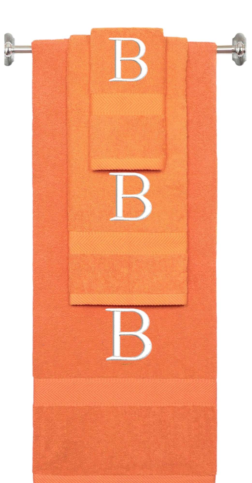 Orange monogrammed towel set with White thread, Times New Roman font, initial B - 540 GSM cotton 3-piece