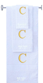 White monogrammed towel set with Gold thread, Times New Roman font, initial C - 540 GSM cotton 3-piece