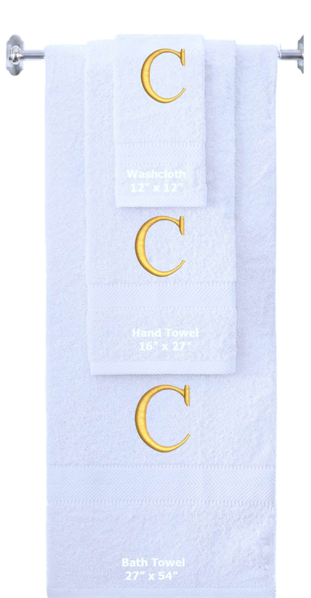 White monogrammed towel set with Gold thread, Times New Roman font, initial C - 540 GSM cotton 3-piece