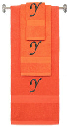 Orange monogrammed towel set with Black thread, Chancery font, initial Y - 540 GSM cotton 3-piece