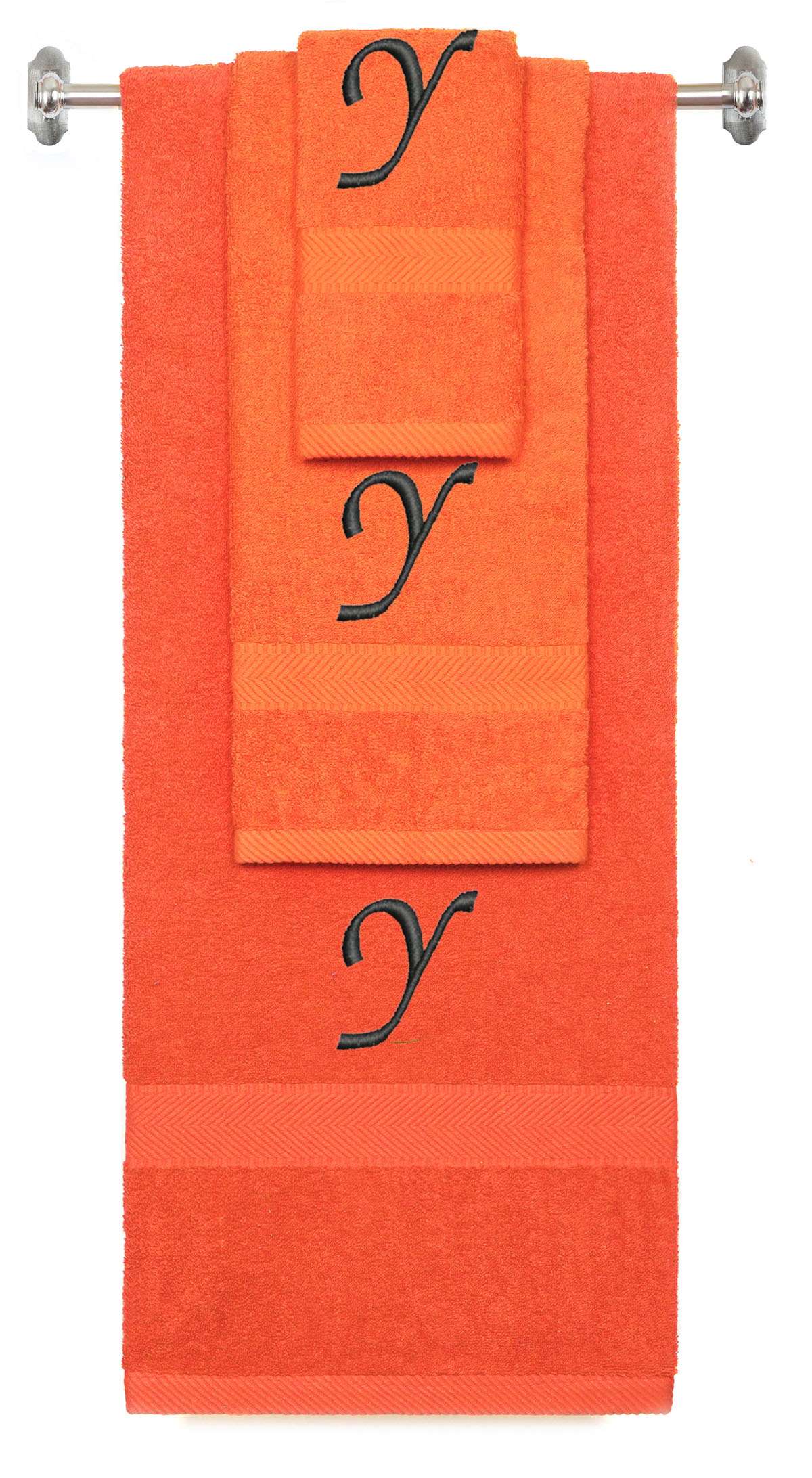 Orange monogrammed towel set with Black thread, Chancery font, initial Y - 540 GSM cotton 3-piece