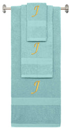 Nautical Teal monogrammed towel set with Gold thread, Chancery font, initial J - 540 GSM cotton 3-piece