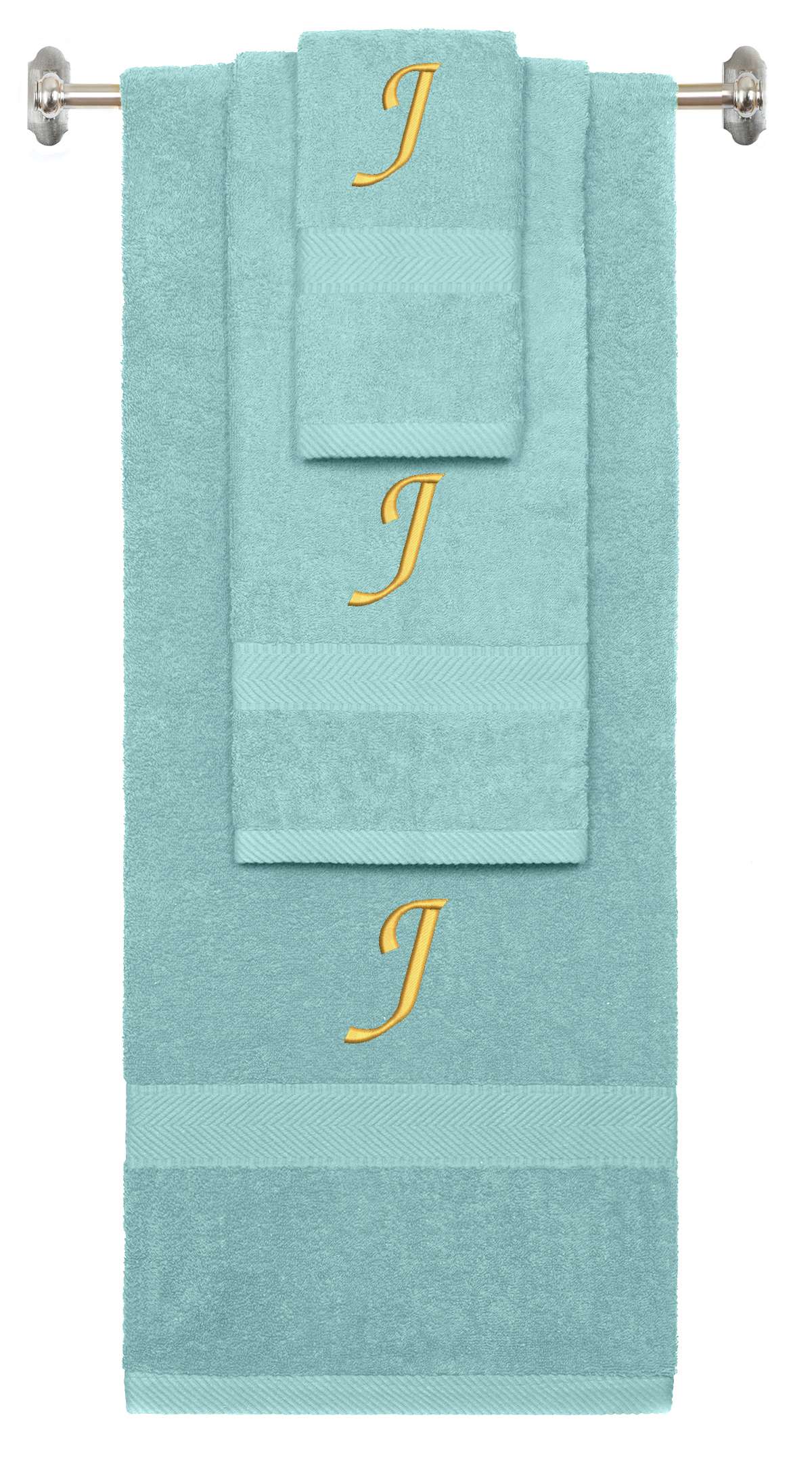 Nautical Teal monogrammed towel set with Gold thread, Chancery font, initial J - 540 GSM cotton 3-piece