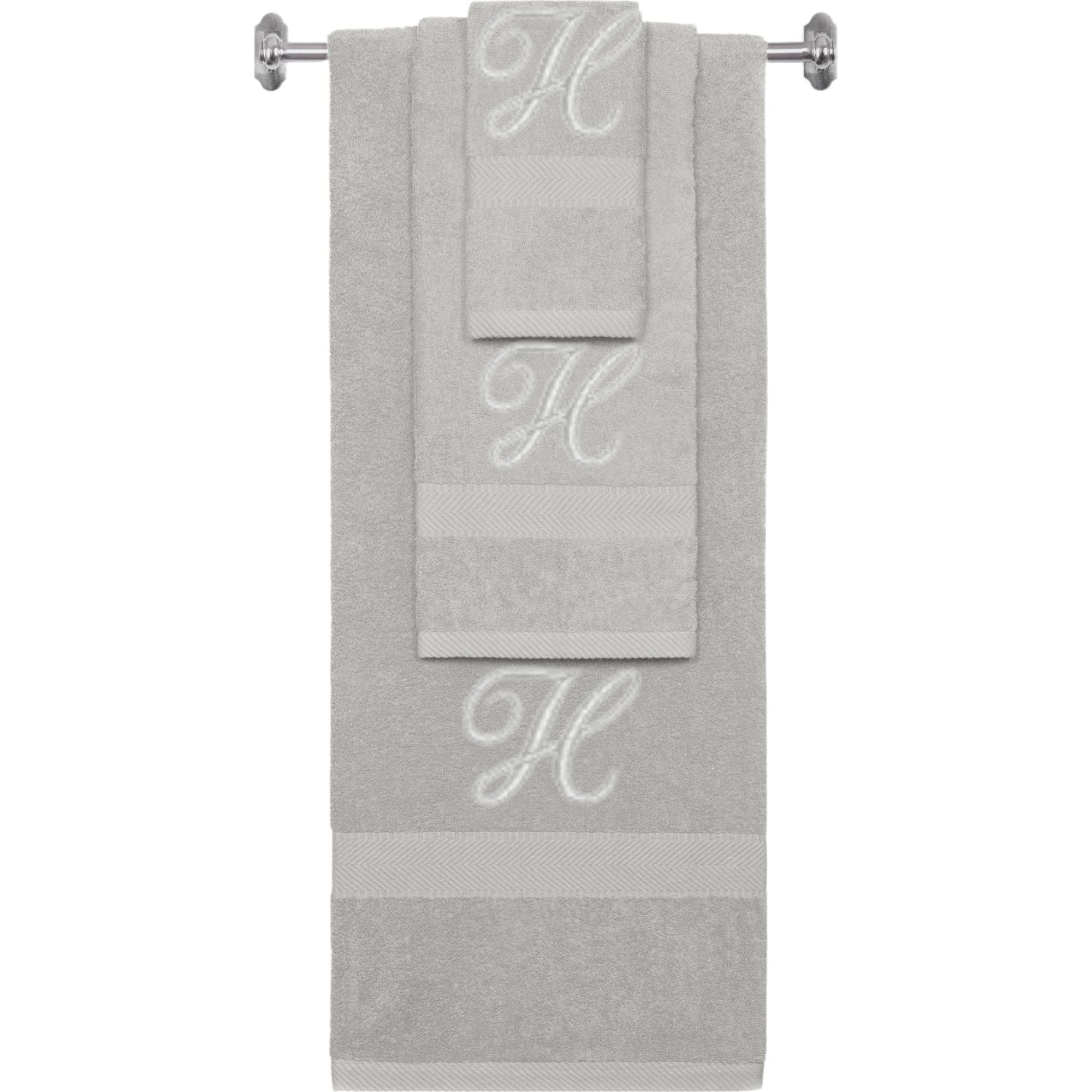 Silver monogrammed towel set with Silver thread, Diana Script font, initial H - 540 GSM cotton 3-piece
