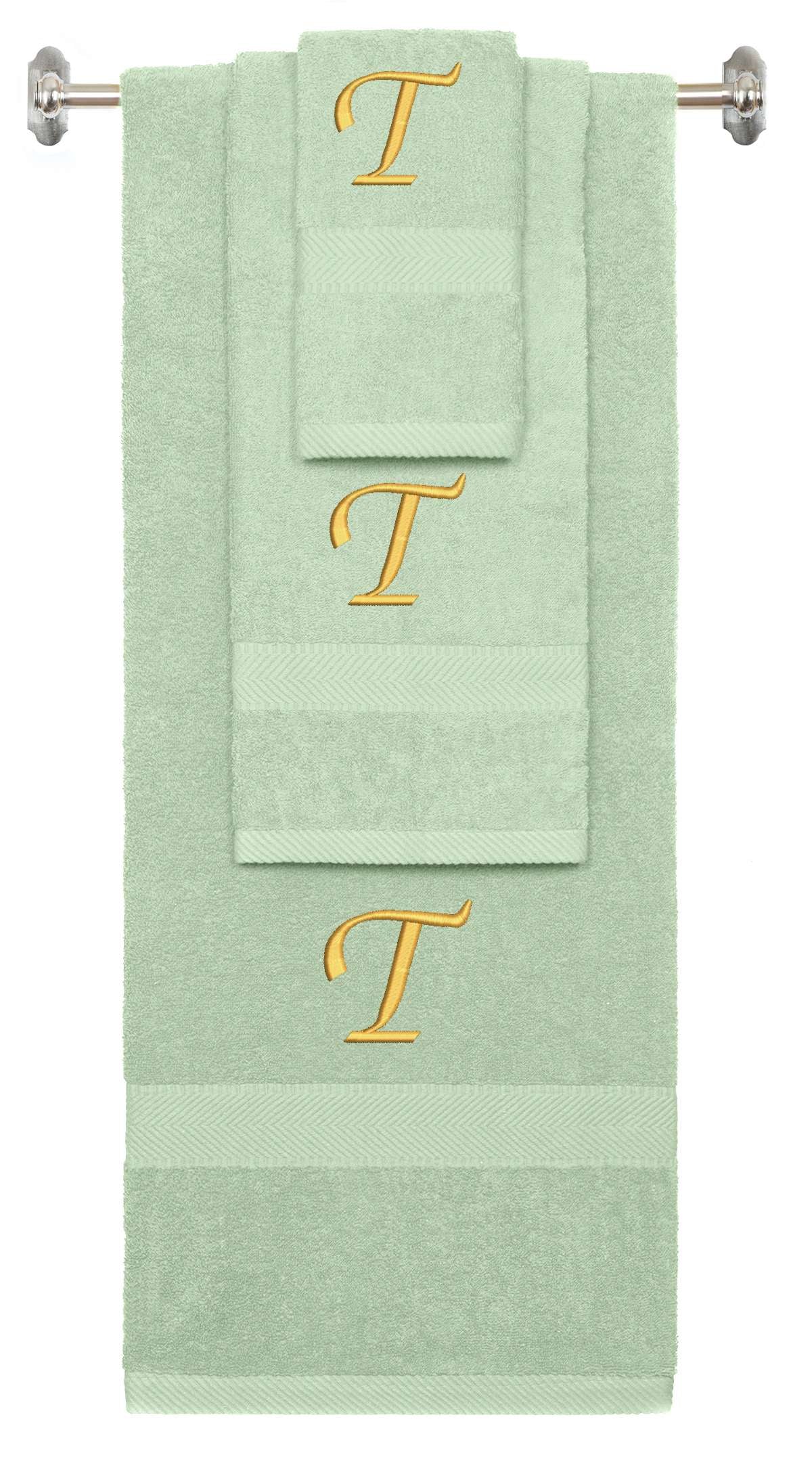 Mint Green monogrammed towel set with Gold thread, Chancery font, initial U - 540 GSM cotton 3-piece