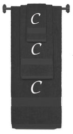 Charcoal monogrammed towel set with White thread, Chancery font, initial C - 540 GSM cotton 3-piece