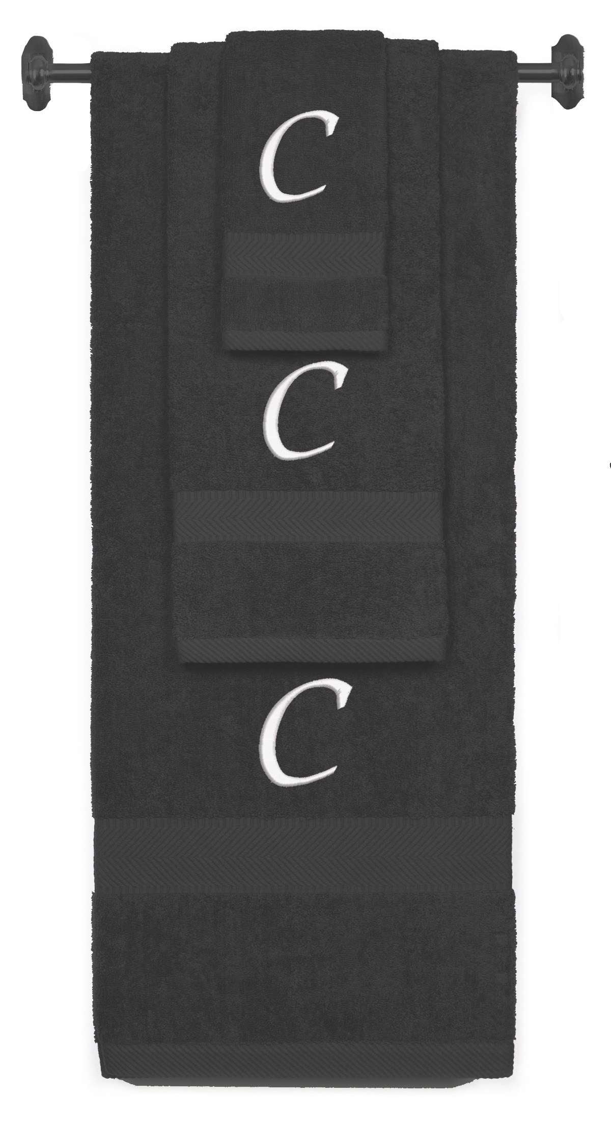 Charcoal monogrammed towel set with White thread, Chancery font, initial C - 540 GSM cotton 3-piece
