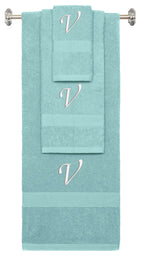 Nautical Teal monogrammed towel set with White thread, Chancery font, initial V - 540 GSM cotton 3-piece