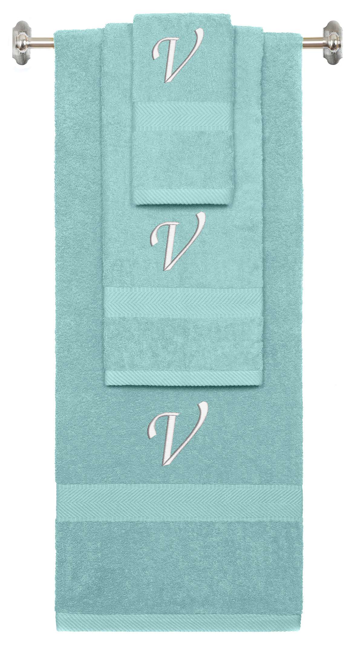 Nautical Teal monogrammed towel set with White thread, Chancery font, initial V - 540 GSM cotton 3-piece