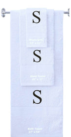 White monogrammed towel set with Black thread, Times New Roman font, initial S - 540 GSM cotton 3-piece