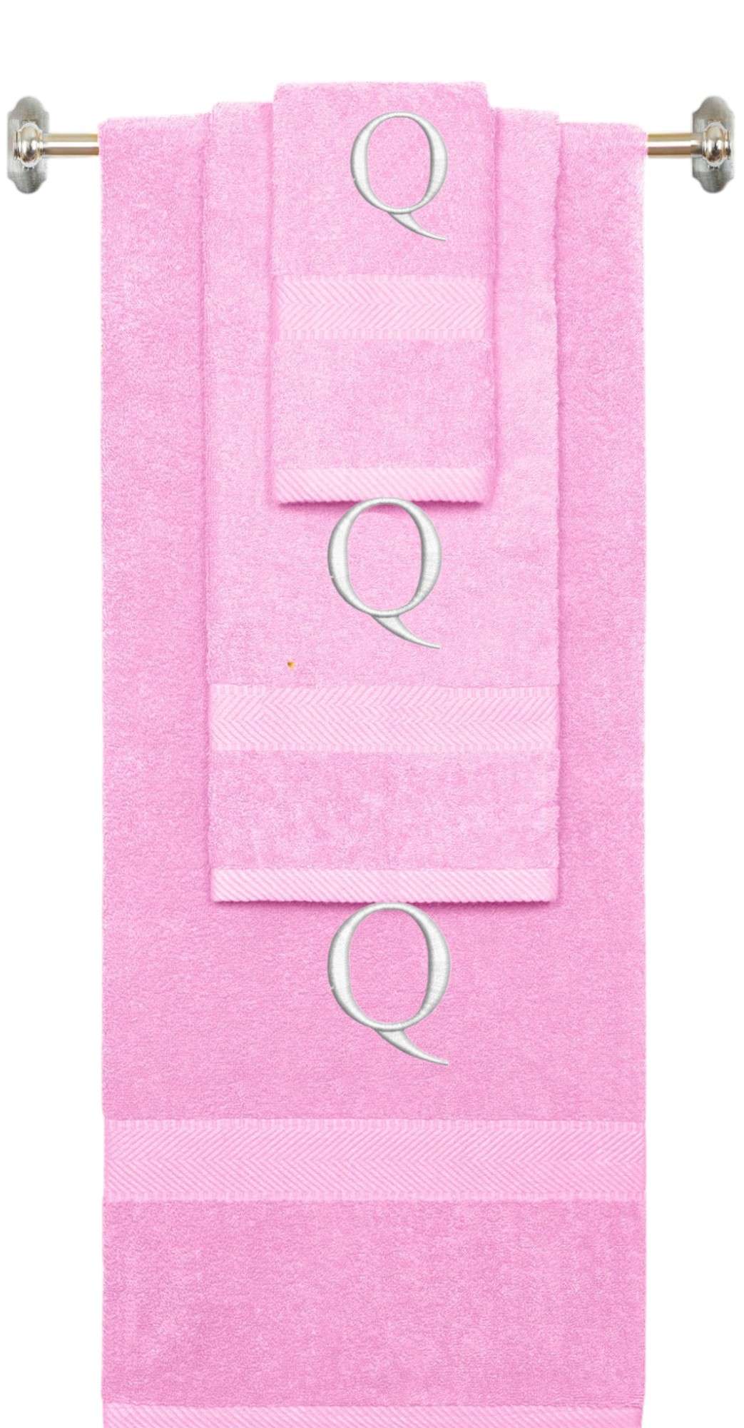 Pink monogrammed towel set with White thread, Times New Roman font, initial Q - 540 GSM cotton 3-piece