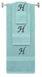 Nautical Teal monogrammed towel set with Black thread, Chancery font, initial H - 540 GSM cotton 3-piece