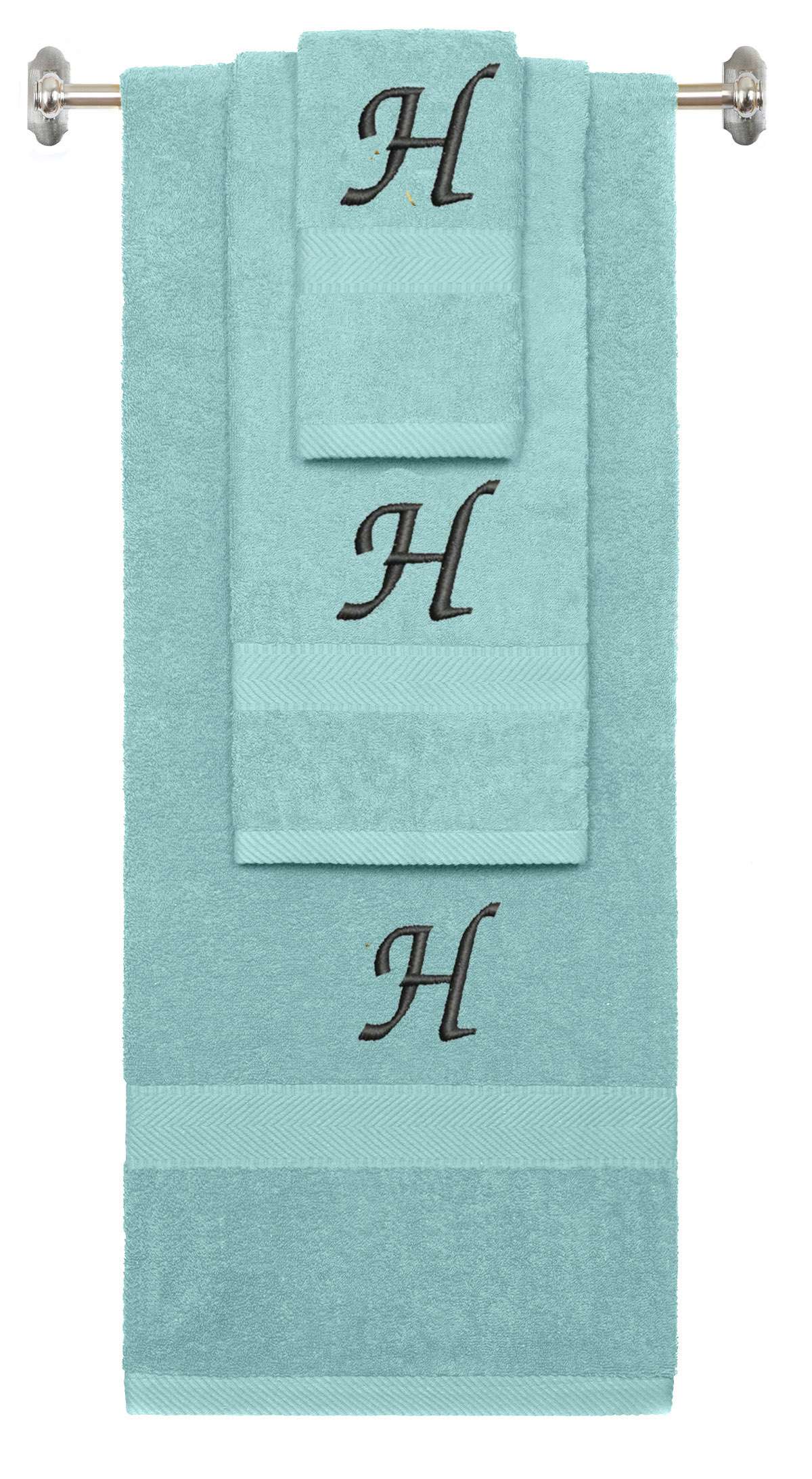 Nautical Teal monogrammed towel set with Black thread, Chancery font, initial H - 540 GSM cotton 3-piece