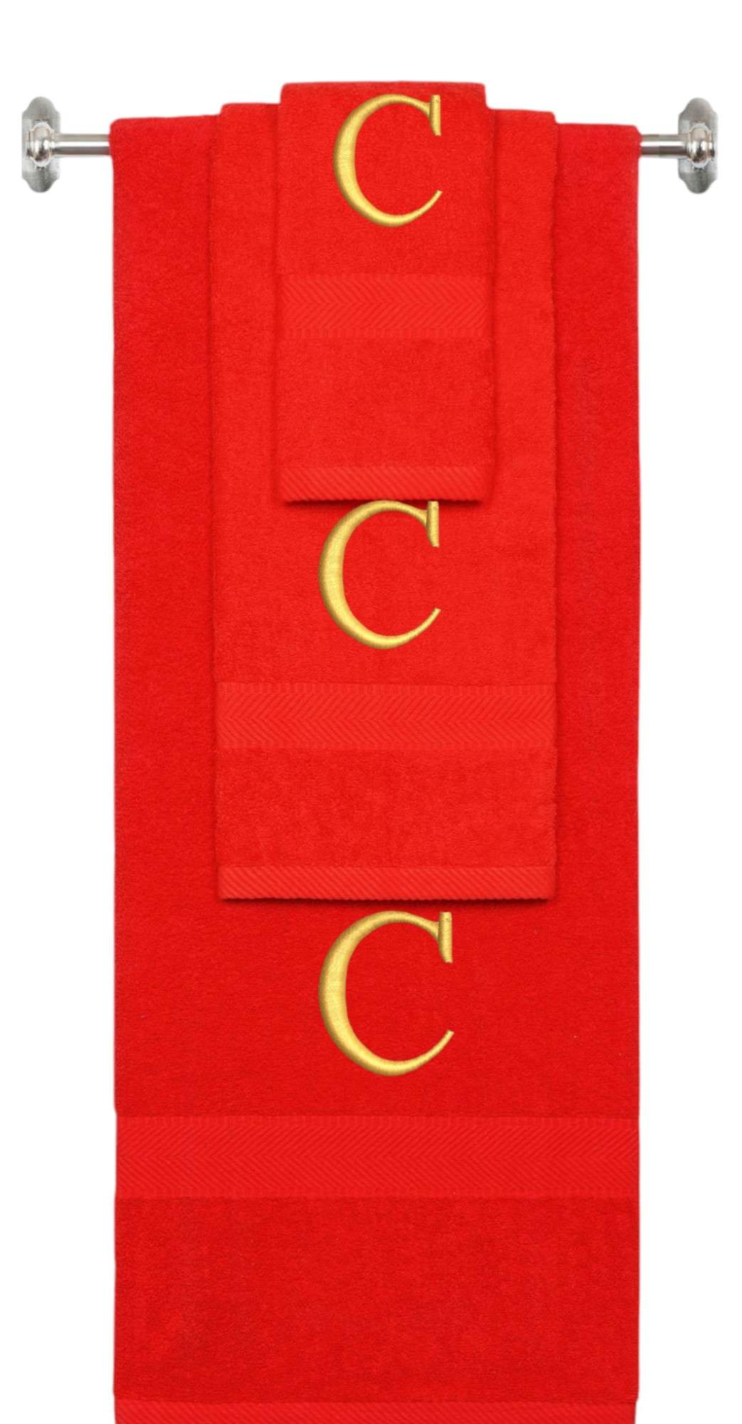 Red monogrammed towel set with Gold thread, Times New Roman font, initial C - 540 GSM cotton 3-piece