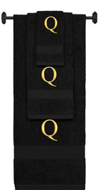Black monogrammed towel set with Gold thread, Times New Roman font, initial Q - 540 GSM cotton 3-piece