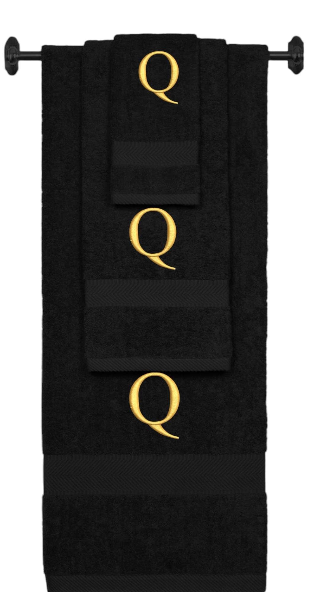Black monogrammed towel set with Gold thread, Times New Roman font, initial Q - 540 GSM cotton 3-piece
