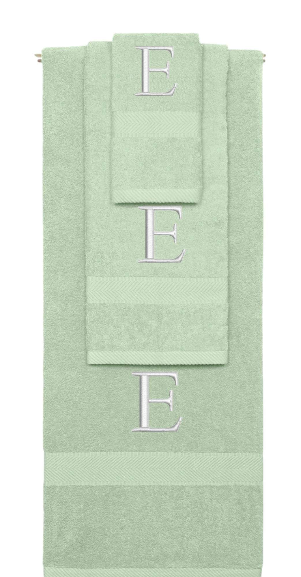 Mint Green monogrammed towel set with Silver thread, Times New Roman font, initial E - 540 GSM cotton 3-piece