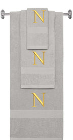 Silver monogrammed towel set with Gold thread, Times New Roman font, initial N - 540 GSM cotton 3-piece