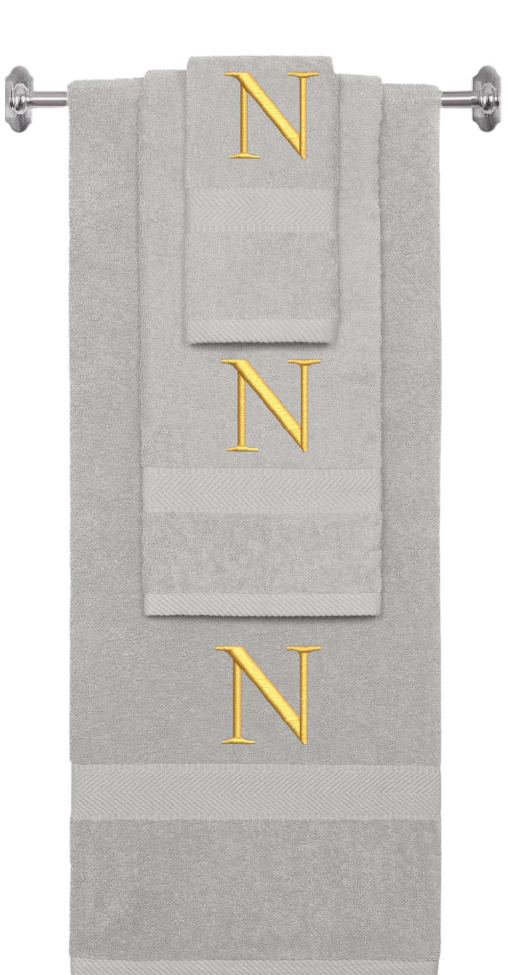 Silver monogrammed towel set with Gold thread, Times New Roman font, initial N - 540 GSM cotton 3-piece