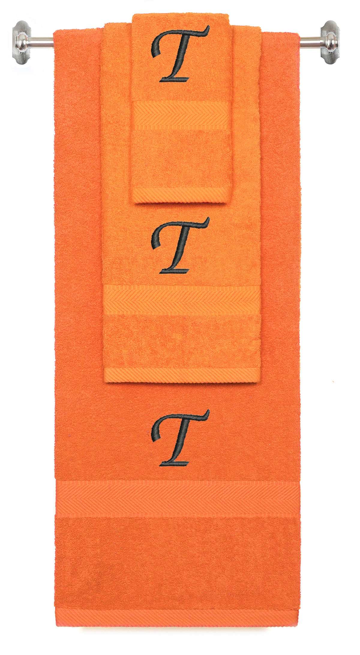 Orange monogrammed towel set with Black thread, Chancery font, initial T - 540 GSM cotton 3-piece