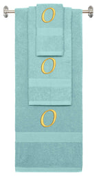 Nautical Teal monogrammed towel set with Gold thread, Chancery font, initial O - 540 GSM cotton 3-piece
