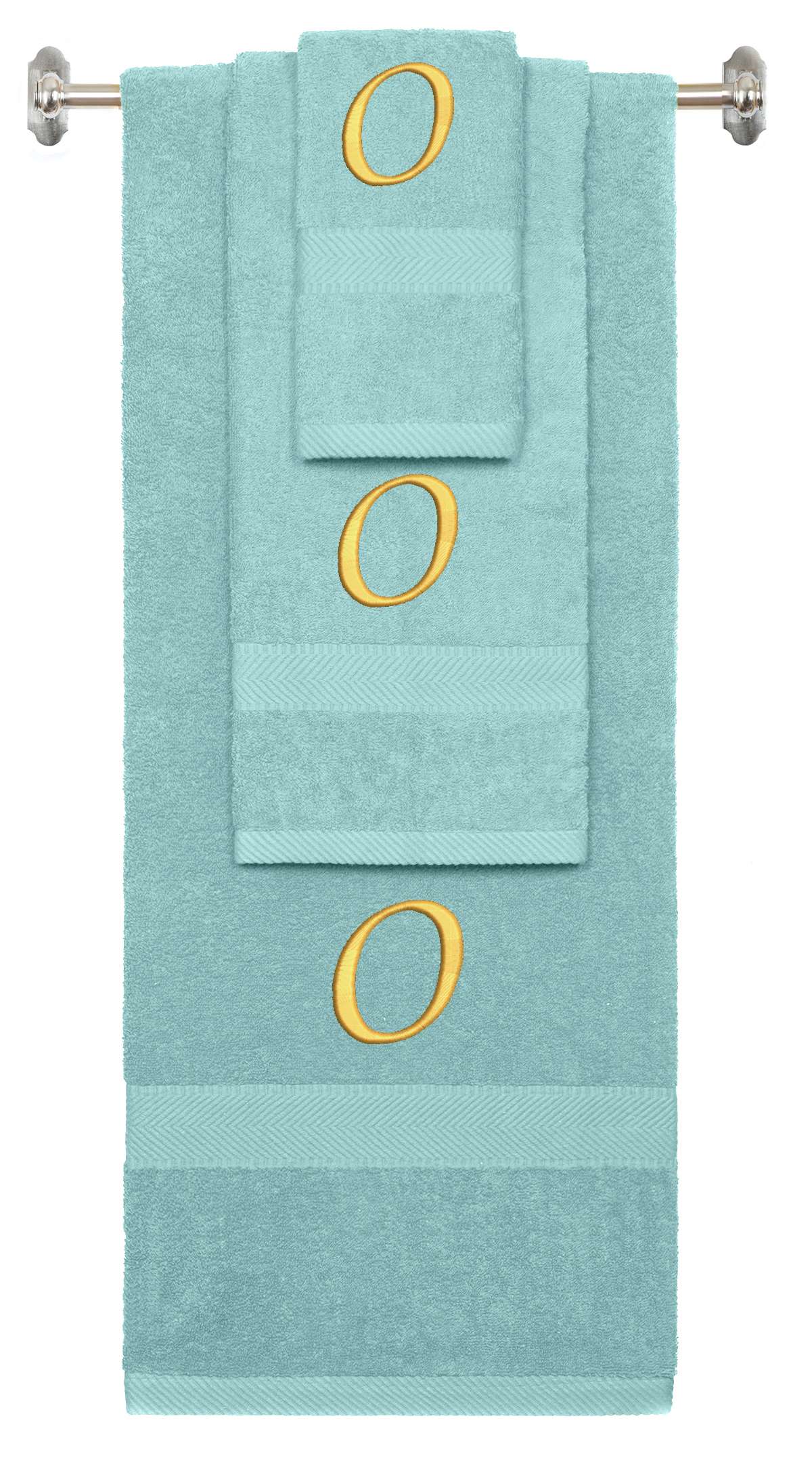 Nautical Teal monogrammed towel set with Gold thread, Chancery font, initial O - 540 GSM cotton 3-piece