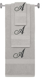 Silver monogrammed towel set with Black thread, Diana Script font, initial A - 540 GSM cotton 3-piece