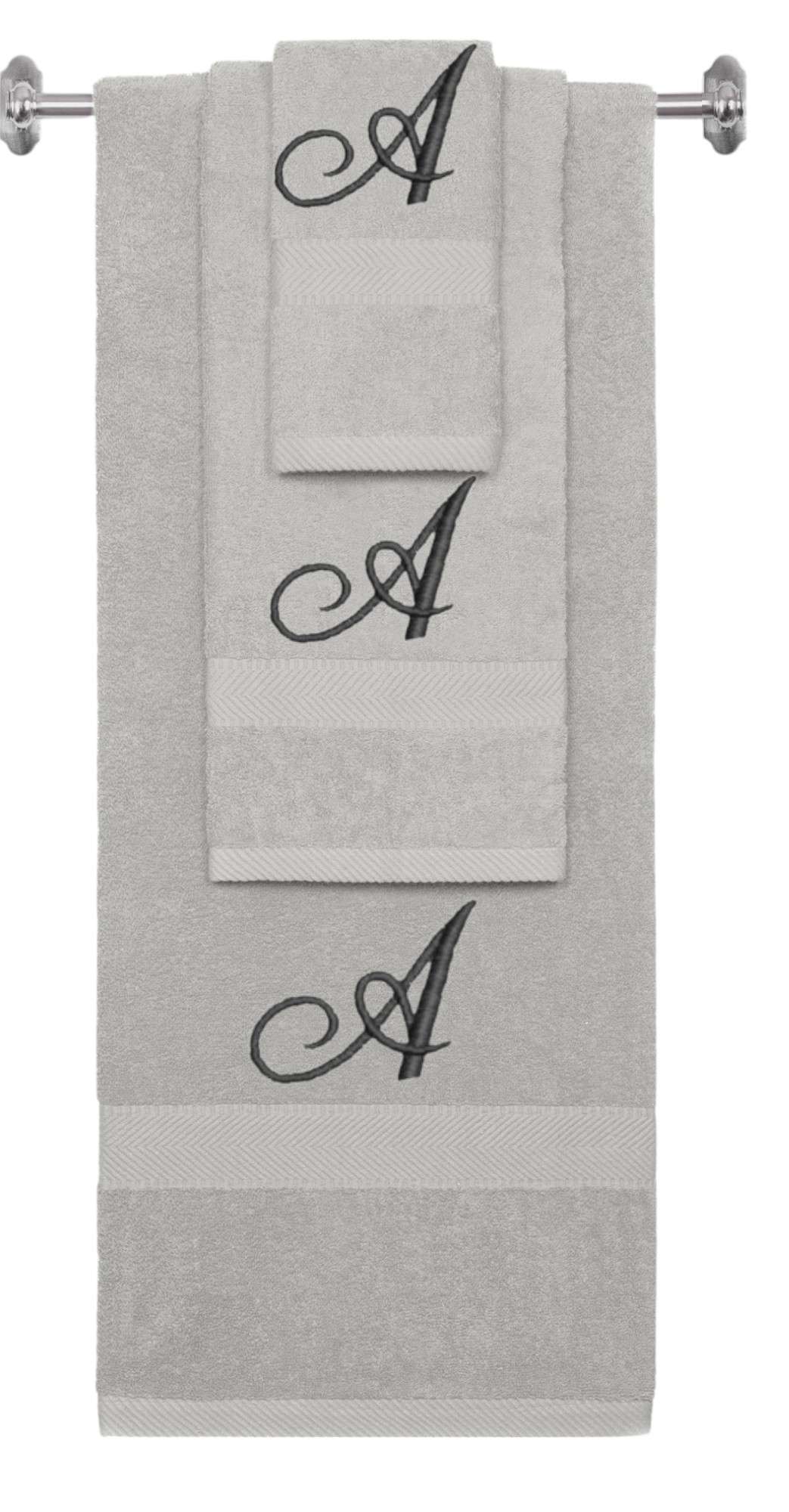 Silver monogrammed towel set with Black thread, Diana Script font, initial A - 540 GSM cotton 3-piece