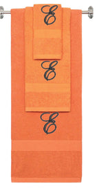Orange monogrammed towel set with Black thread, Diana Script font, initial E - 540 GSM cotton 3-piece