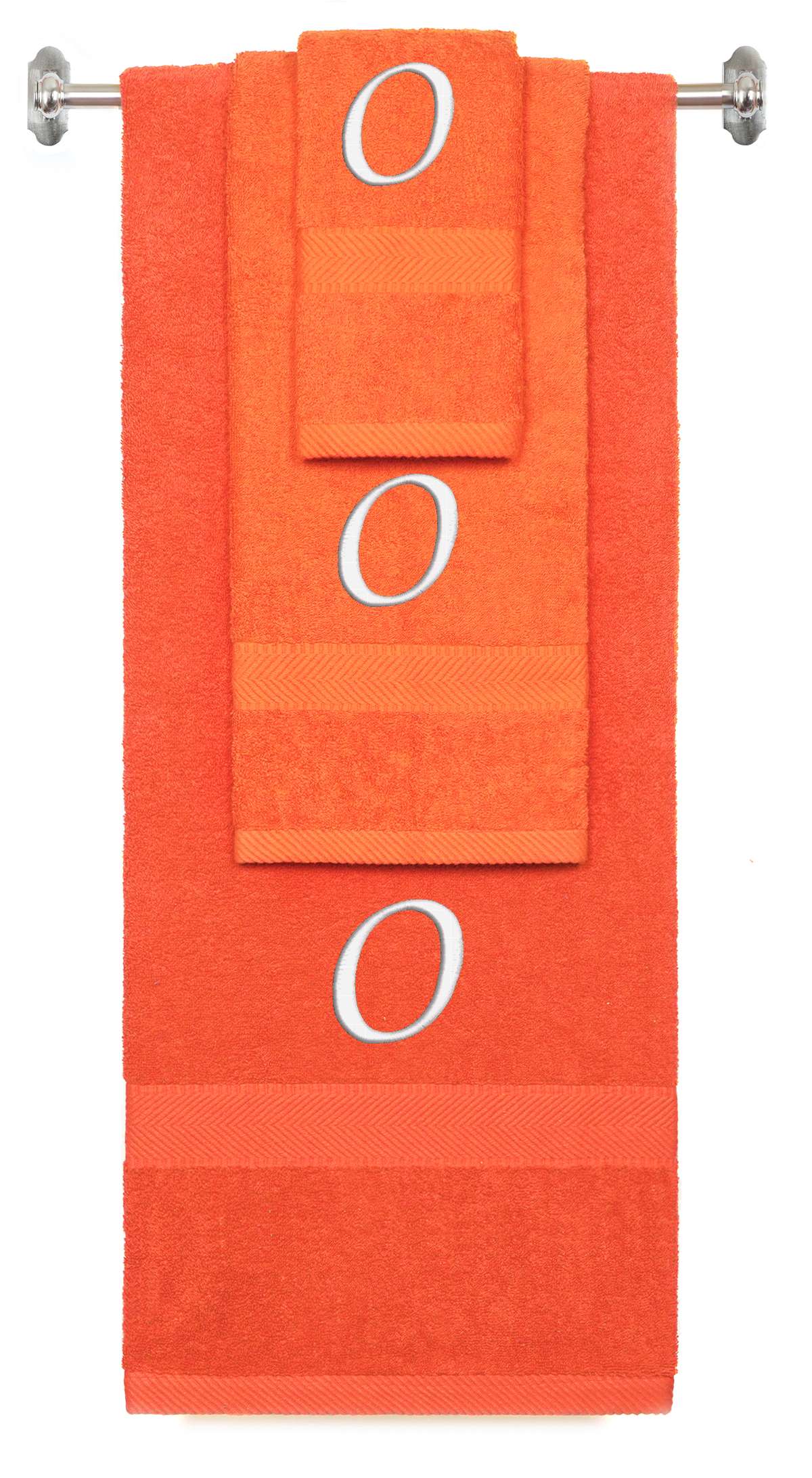 Orange monogrammed towel set with White thread, Chancery font, initial O - 540 GSM cotton 3-piece