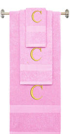 Pink monogrammed towel set with Silver thread, Times New Roman font, initial C - 540 GSM cotton 3-piece