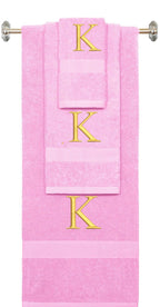 Pink monogrammed towel set with Silver thread, Times New Roman font, initial K - 540 GSM cotton 3-piece