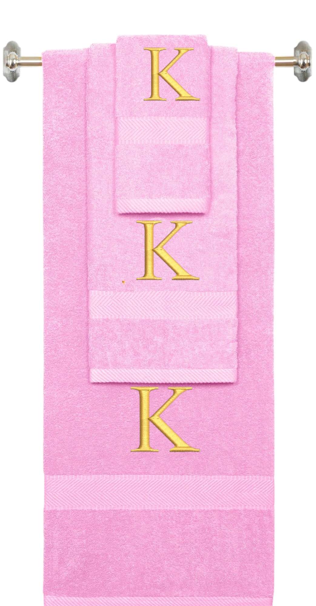 Pink monogrammed towel set with Silver thread, Times New Roman font, initial K - 540 GSM cotton 3-piece