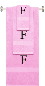 Pink monogrammed towel set with Black thread, Times New Roman font, initial F - 540 GSM cotton 3-piece
