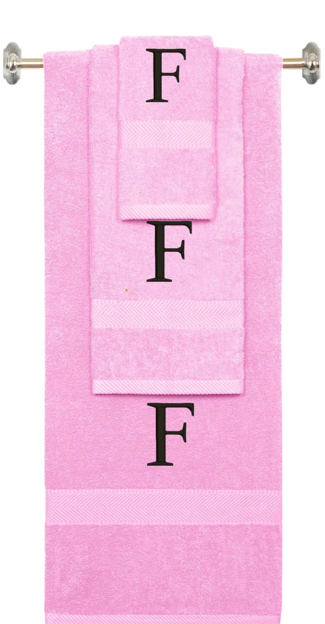 Pink monogrammed towel set with Black thread, Times New Roman font, initial F - 540 GSM cotton 3-piece