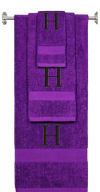 Purple monogrammed towel set with Gold thread, Times New Roman font, initial H - 540 GSM cotton 3-piece